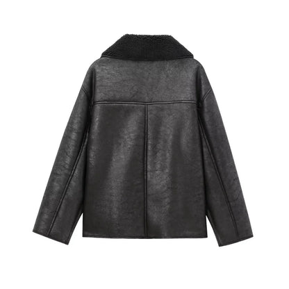 Women's Cozy Faux Leather Jacket with Fleece Collar
