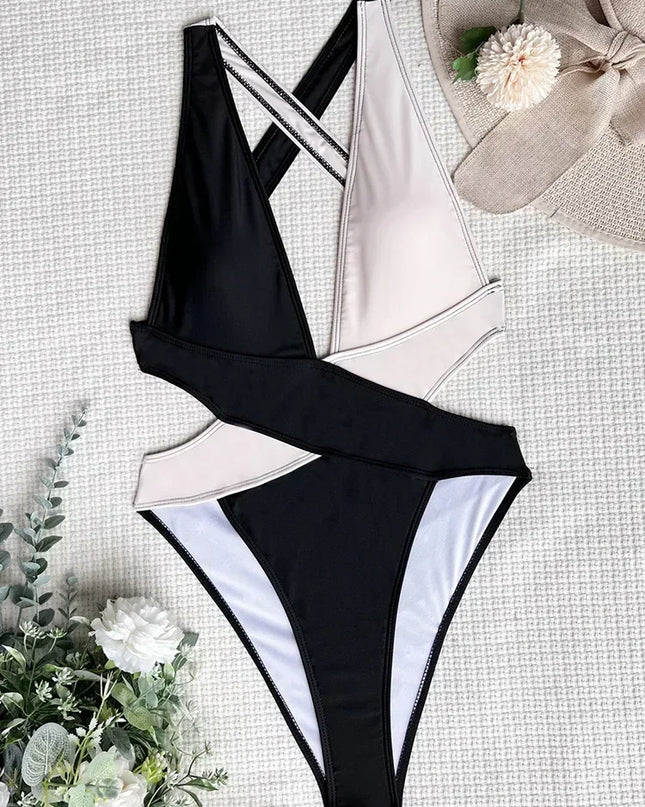 Women's Deep V Neck Cross Backless One-Piece Swimsuit - High Cut, Stylish & Flattering Swimwear