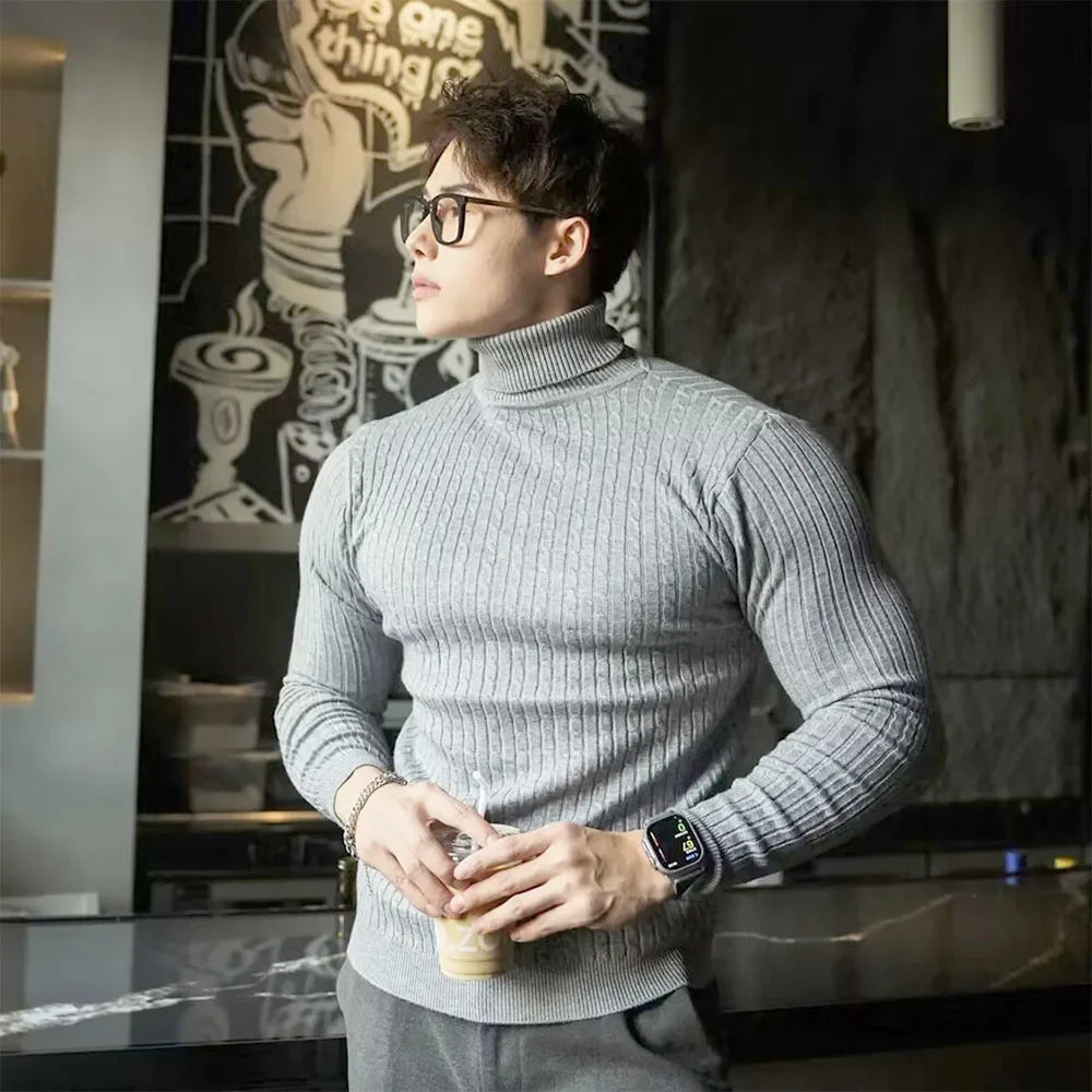 Men's Striped Knit Long Sleeve Turtleneck Sweater
