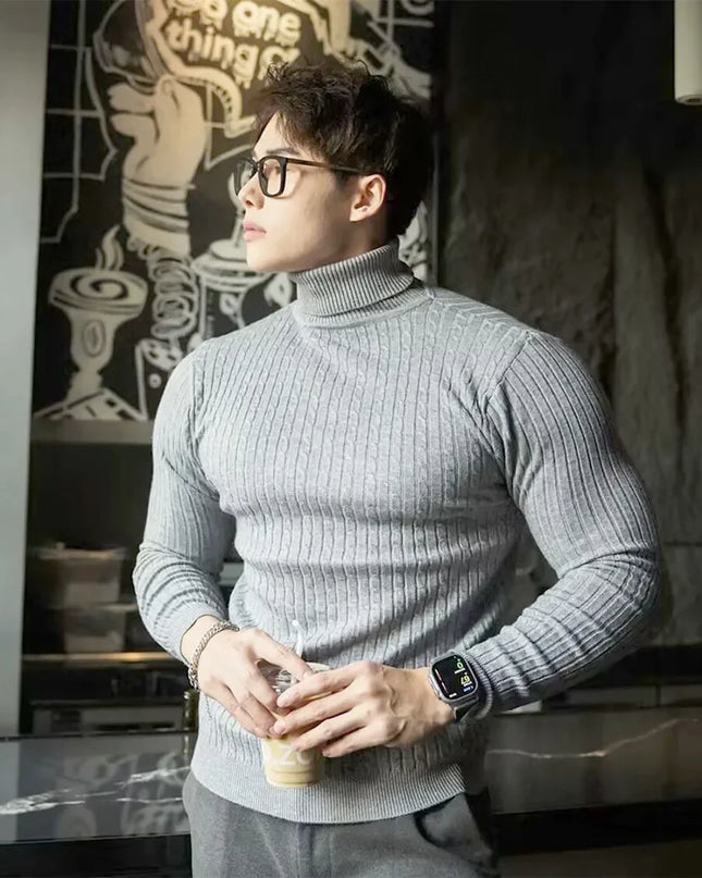Men's Striped Knit Long Sleeve Turtleneck Sweater