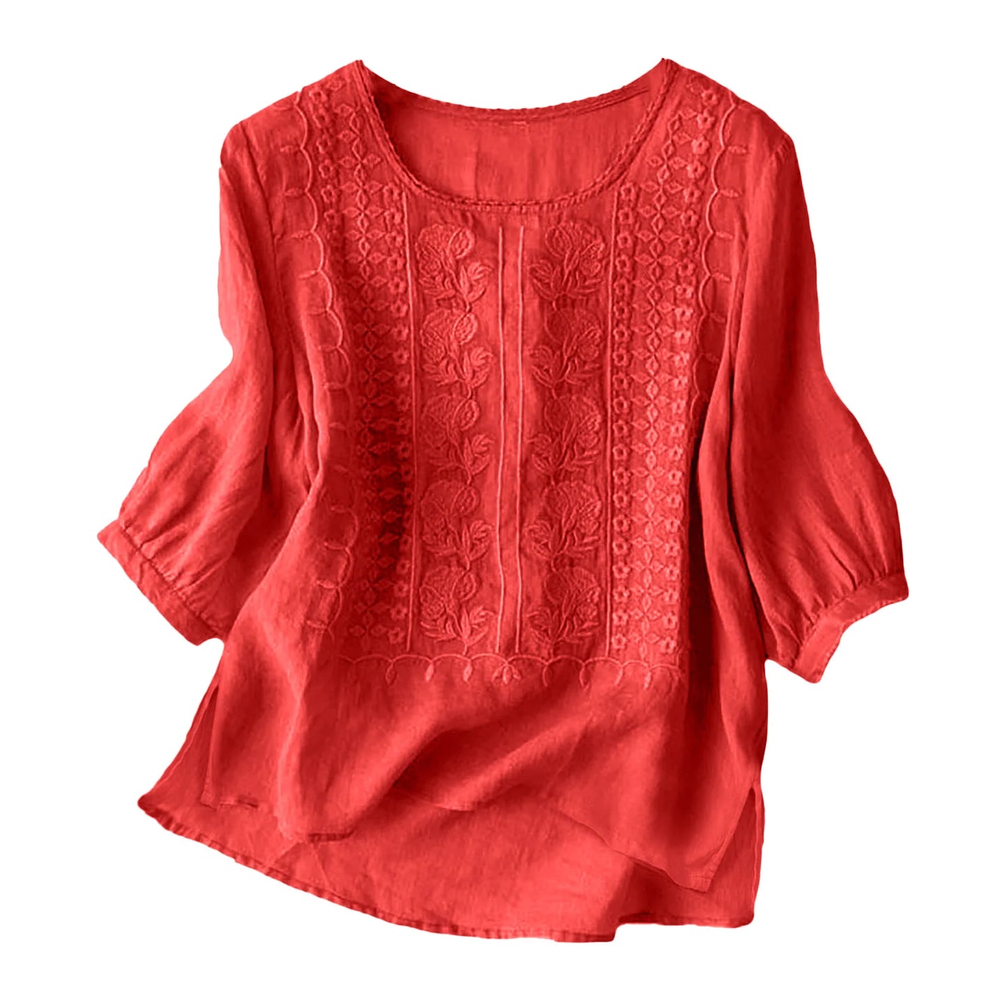 Women's Cotton Linen T Shirts Lace Crochet Embroidery Blouses Round Neck 3/4 Sleeve Casual Tops Thin Breathable Shirts Clothes