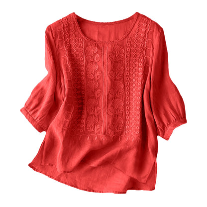 Women's Cotton Linen T Shirts Lace Crochet Embroidery Blouses Round Neck 3/4 Sleeve Casual Tops Thin Breathable Shirts Clothes