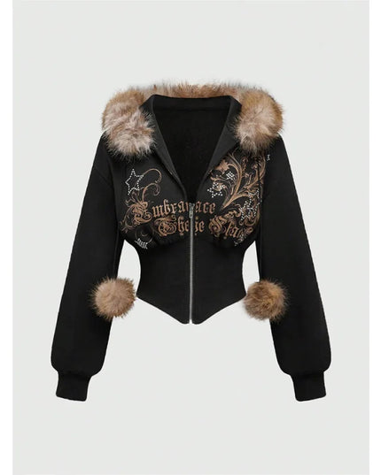 Gothic Print Women's Faux Fur Crop Zip-Up Hoodie Jacket