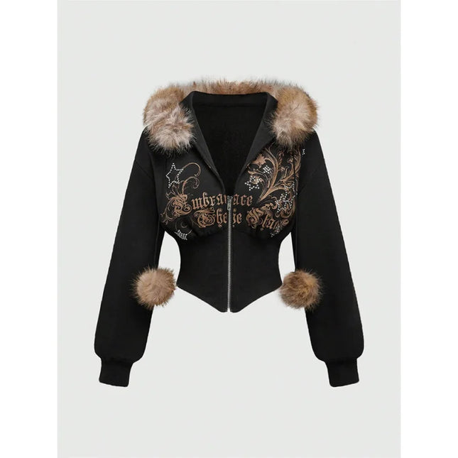 Gothic Print Women's Faux Fur Crop Zip-Up Hoodie Jacket