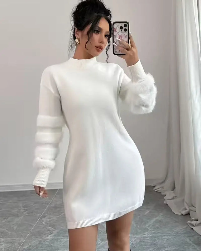 Women's Casual Loose-Fit Knit Patchwork Dress with Stand Collar