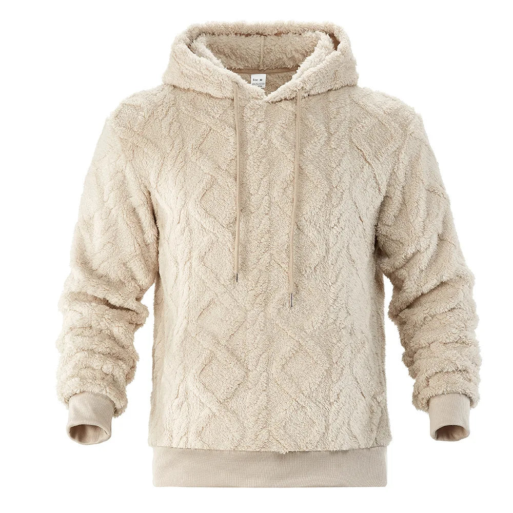 Men's Double-Sided Fleece Hooded Sweatshirt with Jacquard Rhombic Pattern