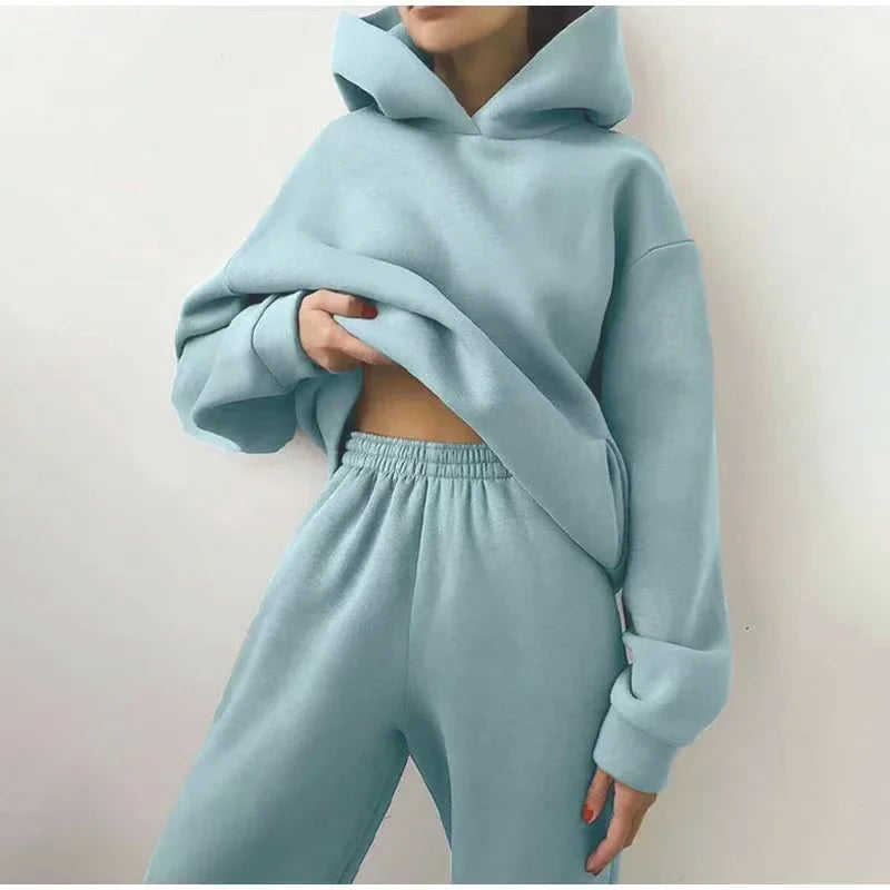 Women's Thickened Long-Sleeve Hoodie and Drawstring Pants Set