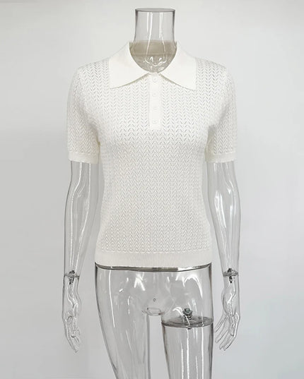 Women's Knitted Polo T-Shirt – Casual Loose Fit with Lapel, Comfortable Women's Knit Top