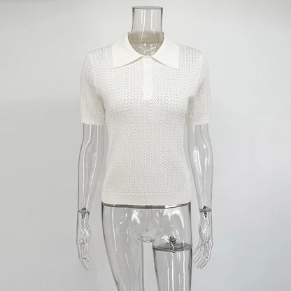 Women's Knitted Polo T-Shirt – Casual Loose Fit with Lapel, Comfortable Women's Knit Top