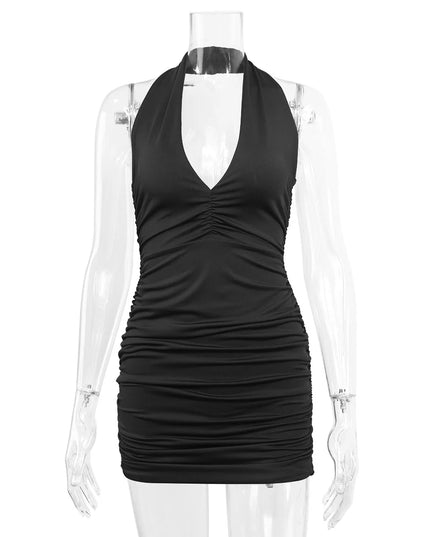 Ruffle V-Neck Deep Halter Mini Dress – Elegant Design for Women