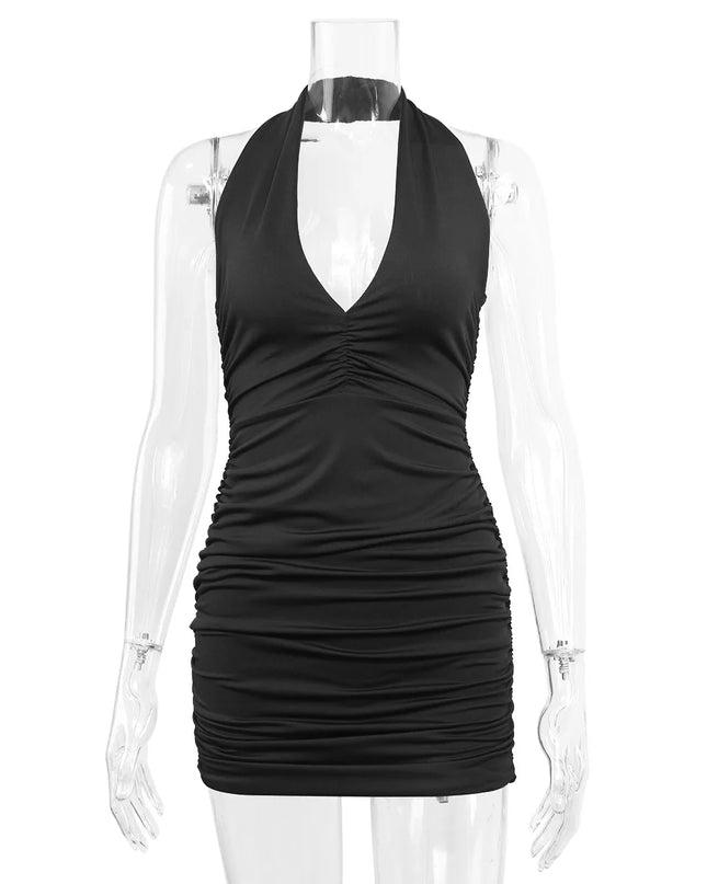 Ruffle V-Neck Deep Halter Mini Dress – Elegant Design for Women