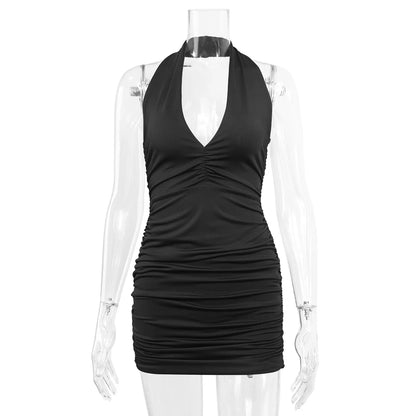 Ruffle V-Neck Deep Halter Mini Dress – Elegant Design for Women