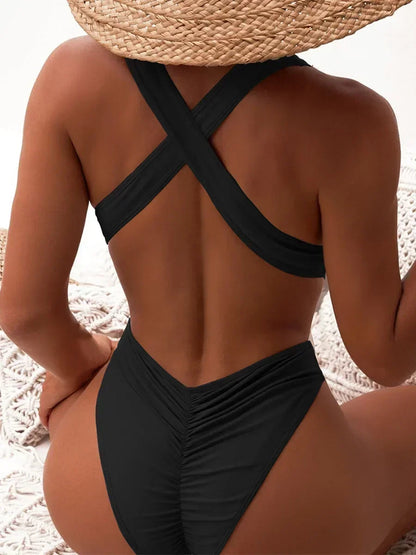 Women's Deep V Neck Cross Backless One-Piece Swimsuit - High Cut, Stylish & Flattering Swimwear