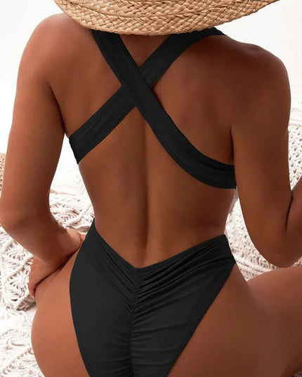 Women's Deep V Neck Cross Backless One-Piece Swimsuit - High Cut, Stylish & Flattering Swimwear