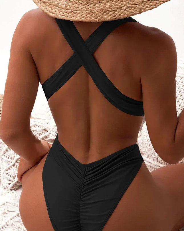 Women's Deep V Neck Cross Backless One-Piece Swimsuit - High Cut, Stylish & Flattering Swimwear