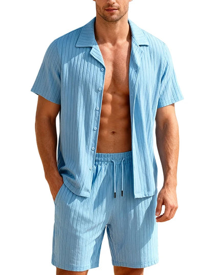 Men's Two-Piece Casual Button-Down Shirt and Drawstring Shorts Set