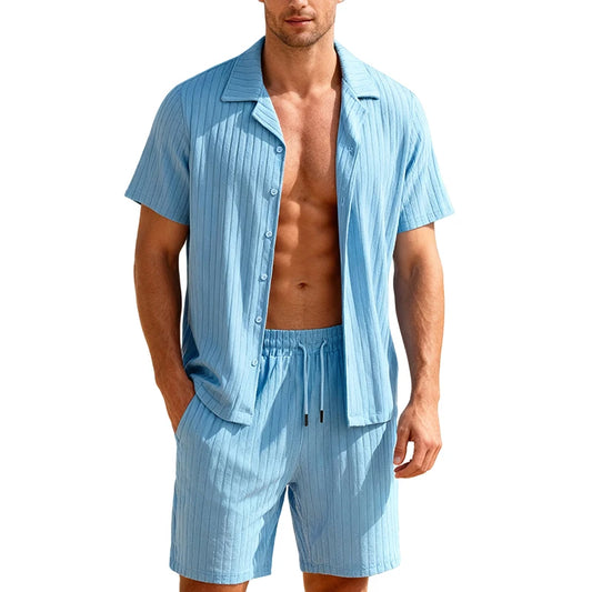 Men's Two-Piece Casual Button-Down Shirt and Drawstring Shorts Set