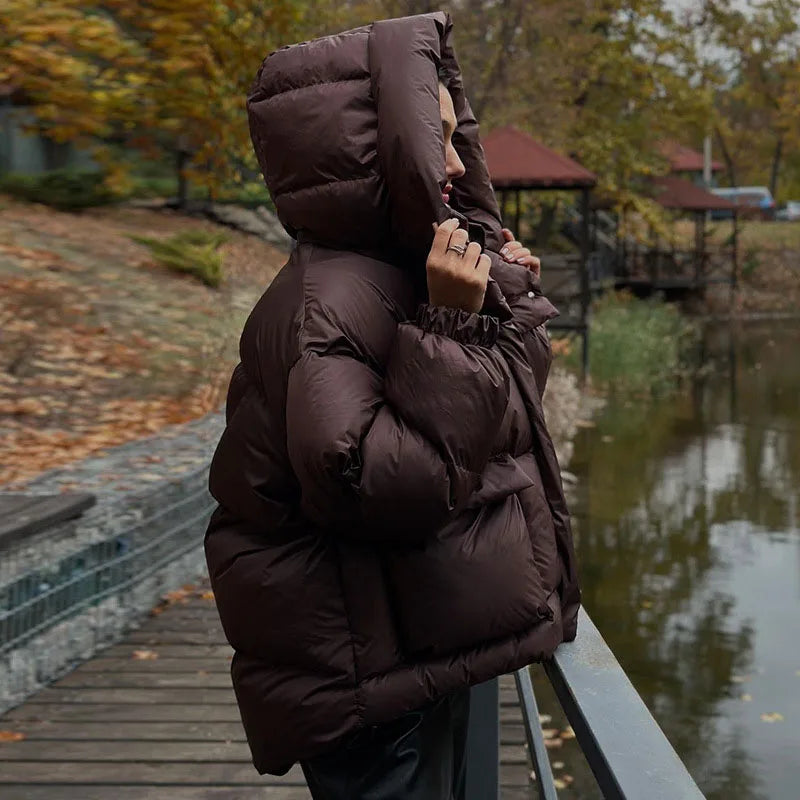 Women's Hooded Puffer Jacket with Stand Collar and Zipper Closure
