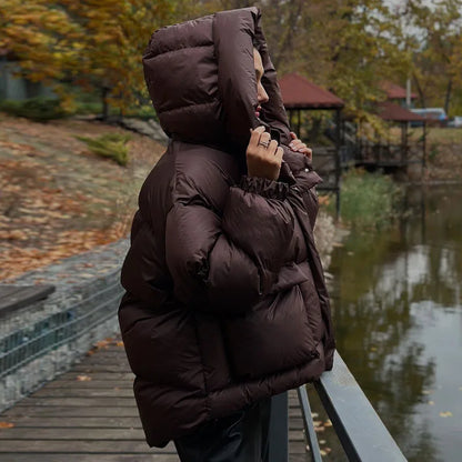 Women's Hooded Puffer Jacket with Stand Collar and Zipper Closure
