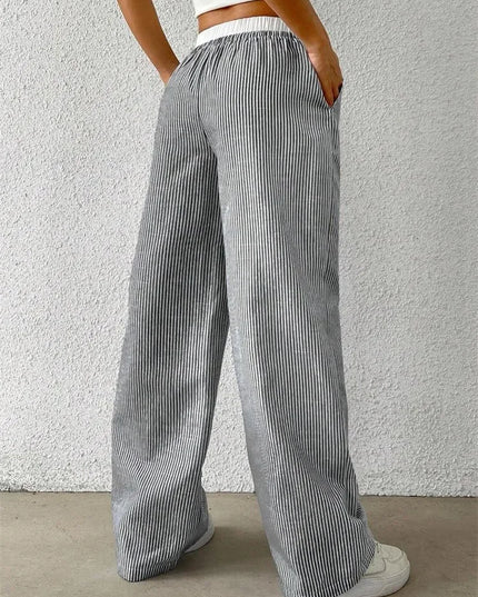 High-Waisted Wide Leg Pants for Women with Stripes, Drawstring, and Loose Fit