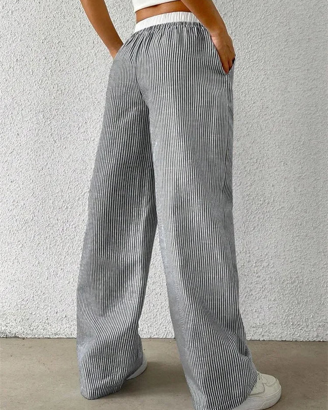 High-Waisted Wide Leg Pants for Women with Stripes, Drawstring, and Loose Fit