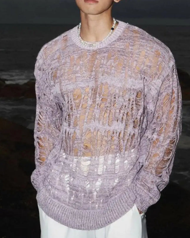 Men's Hollow-Out Mesh Knit Crew Neck Long Sleeve Sweater