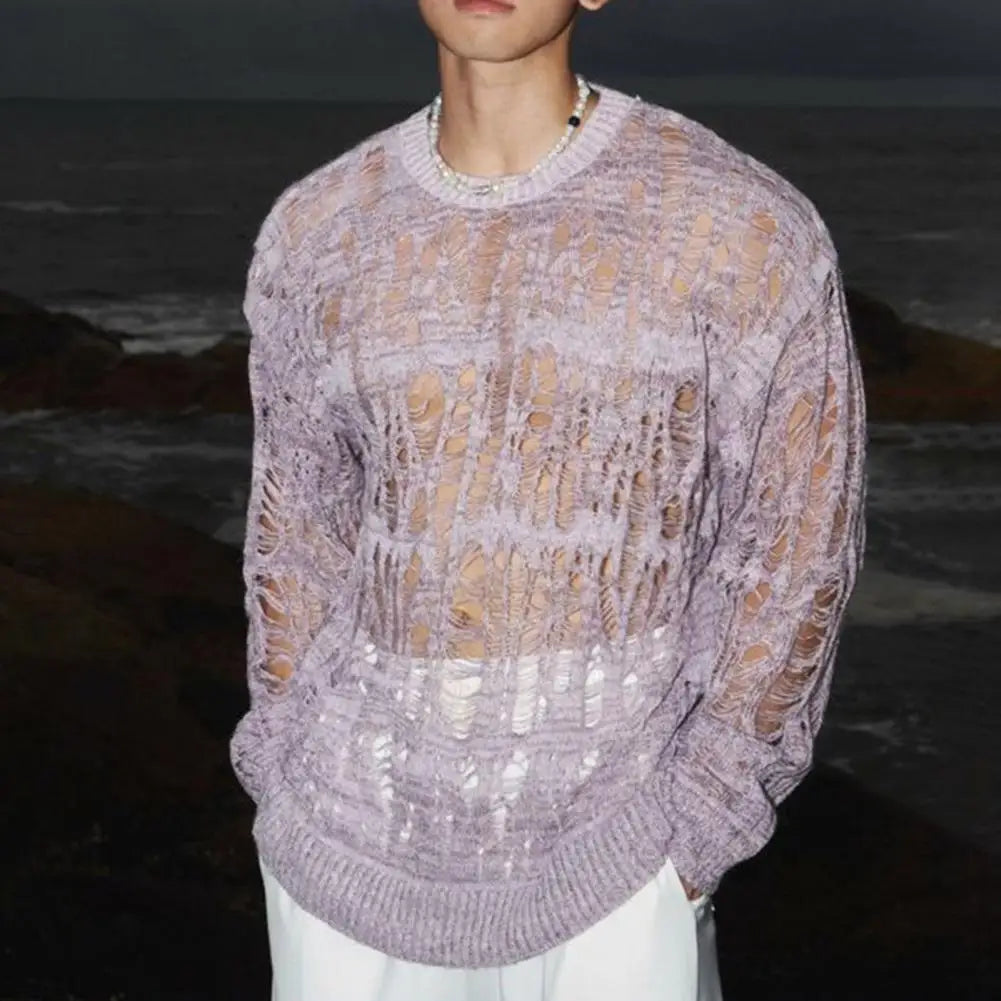 Men's Hollow-Out Mesh Knit Crew Neck Long Sleeve Sweater