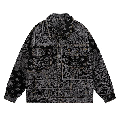 Black patterned jacket on a white background