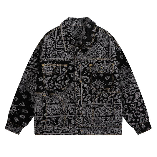 Black patterned jacket on a white background