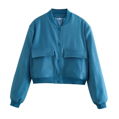 TRAF Long Sleeve Women's Front Button Jacket with Vintage Style and Pockets