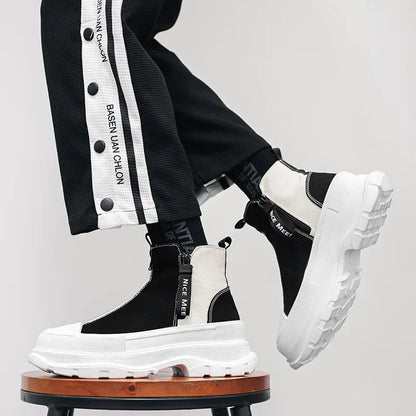 Men's High-Top Canvas Sneakers with Thick Soles and Side Zipper