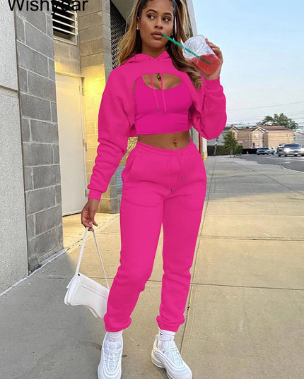 Wisyear Women's 3-Piece Velvet Tracksuit Set - Crop Hoodie, Vest, and Sweatpants Matching Outfit