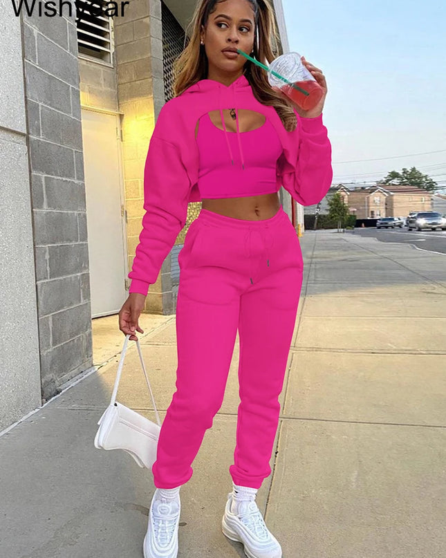 Wisyear Women's 3-Piece Velvet Tracksuit Set - Crop Hoodie, Vest, and Sweatpants Matching Outfit