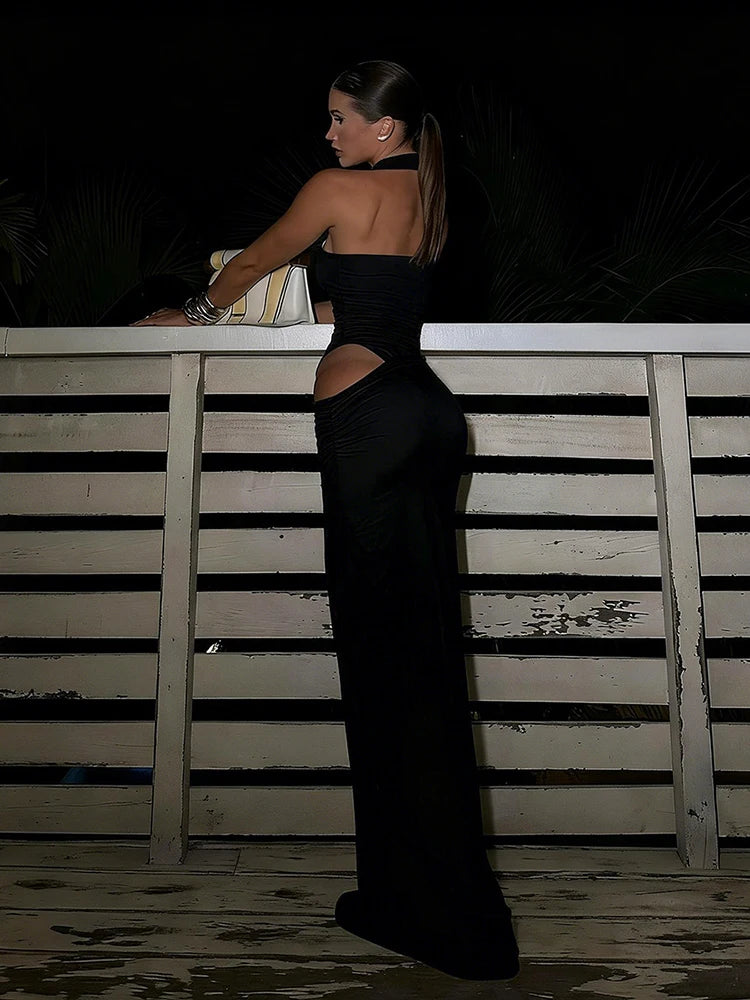 Women's Turtleneck Dress - Backless, Ruched, Sleeveless