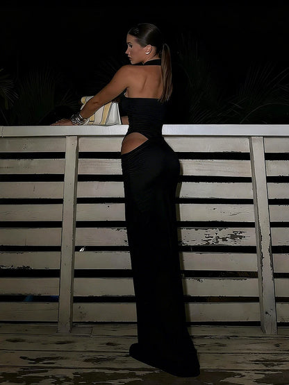 Women's Turtleneck Dress - Backless, Ruched, Sleeveless