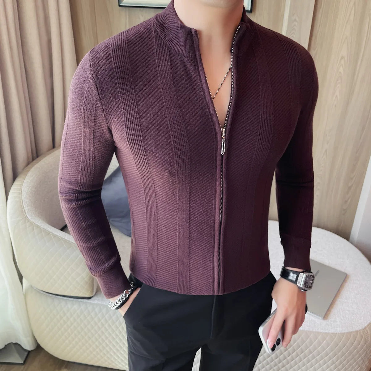 Men's Slim Fit Stand Collar Zipper Knitted Sweater Cardigan
