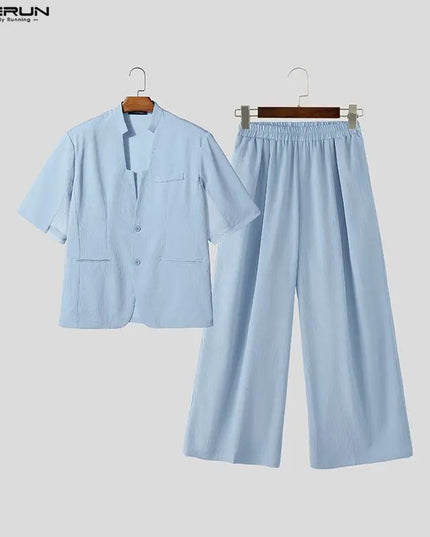 INCERUN Men's Two-Piece V-Neck Short Sleeve Blazer & Pants Set
