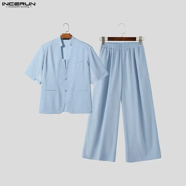 INCERUN Men's Two-Piece V-Neck Short Sleeve Blazer & Pants Set