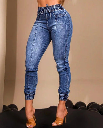 Women's Slim Fit Elastic Waist Pencil Jeans with Zipper - Comfortable Stylish Denim Pants