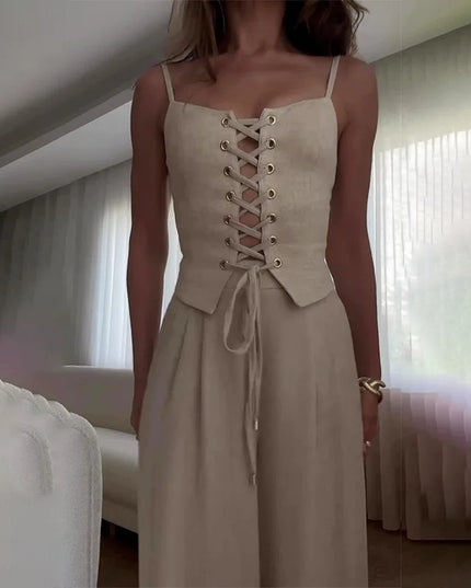 Women's Two-Piece Slim Fit Chic Sleeveless Bandage Tank Top & Wide-Leg Pants Se