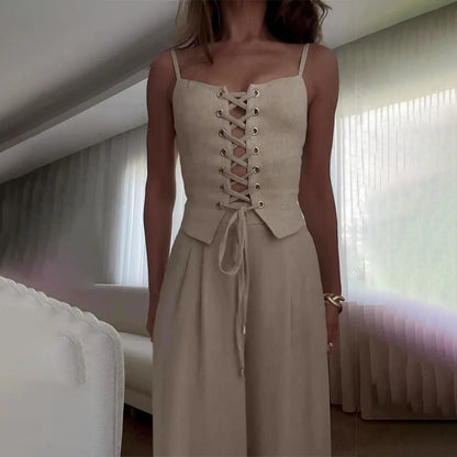 Women's Two-Piece Slim Fit Chic Sleeveless Bandage Tank Top & Wide-Leg Pants Se