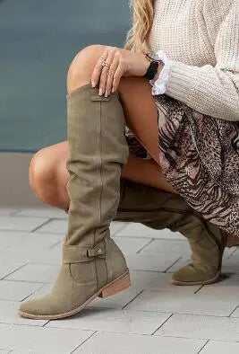 Women's Long Suede Boots with Low Heel and Side Zip - Stylish & Comfortable Footwear
