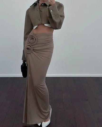 Ruched Maxi Skirts for Women with Floral Appliqué Trim