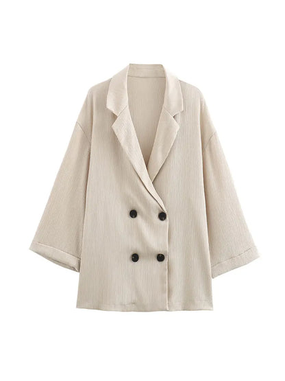 Women's 2-Piece Long Sleeve Double-Breasted Blazer + Wide Leg Trousers Set