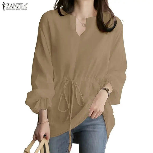Zanzea Women's Long Sleeve Blouse with U-Neck, Drawstring Waist