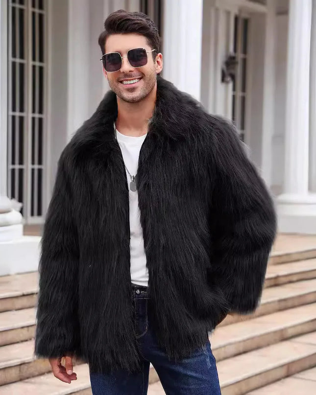 Men's Thick Fluffy Faux Fur Coat with Long Sleeves
