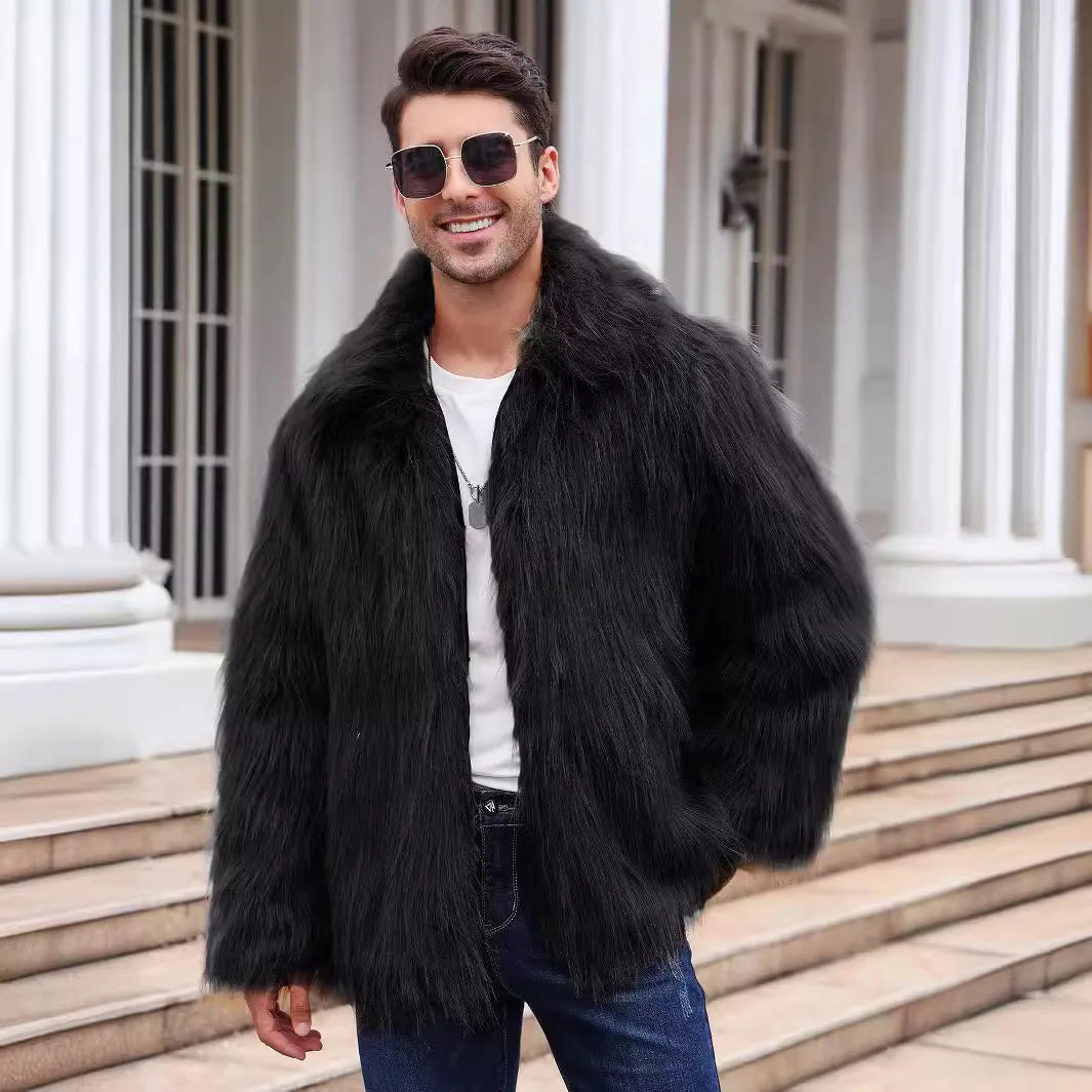 Men's Thick Fluffy Faux Fur Coat with Long Sleeves