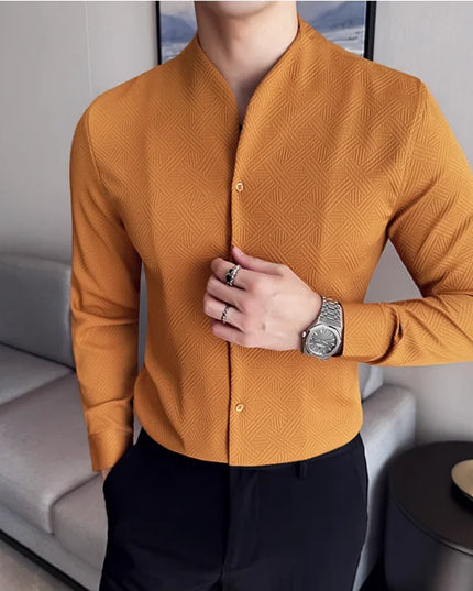 Men's V-Neck Long Sleeve Slim Fit Casual Shirt with Stand Collar