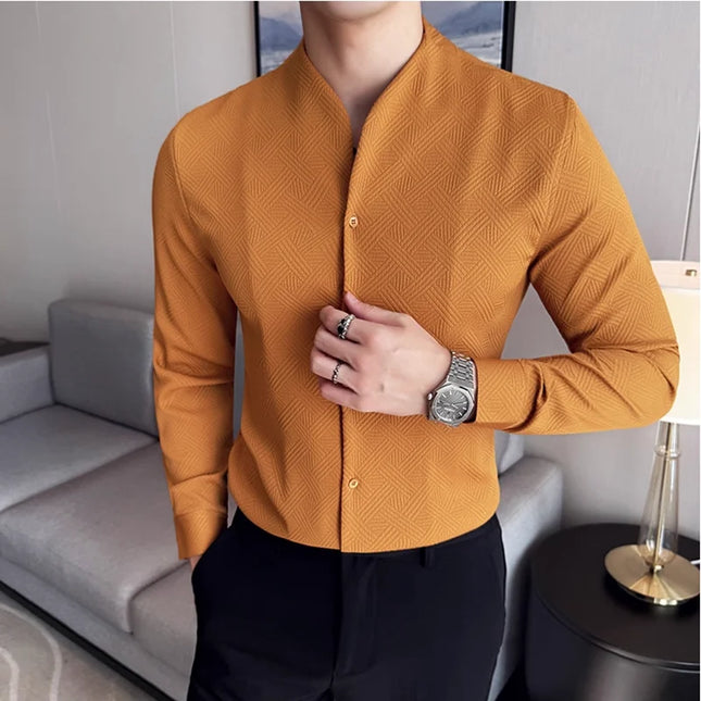 Men's V-Neck Long Sleeve Slim Fit Casual Shirt with Stand Collar