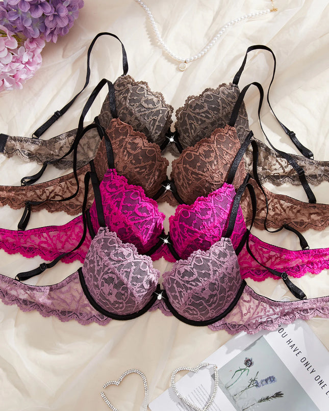 4-Piece Women's Lace Trim Set with Rhinestones - Push-Up Underwire Bra
